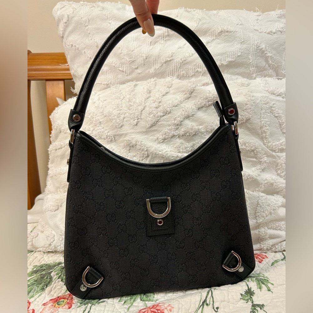 Gucci Abbey Shoulder Bag Black Denim GG Monogram in pristine condition